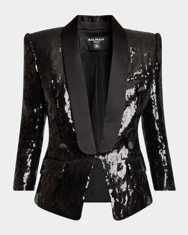 Sequined Double-Breasted Satin Tailored Jacket